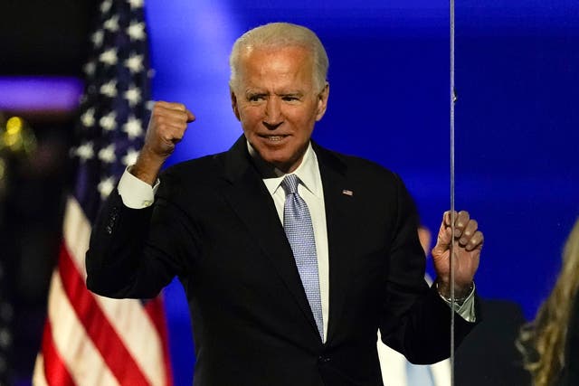 <p>Joe Biden celebrates his US election victory in Wilmington, Delaware, on 7 November, 2020.&nbsp;</p><p>&nbsp;</p>