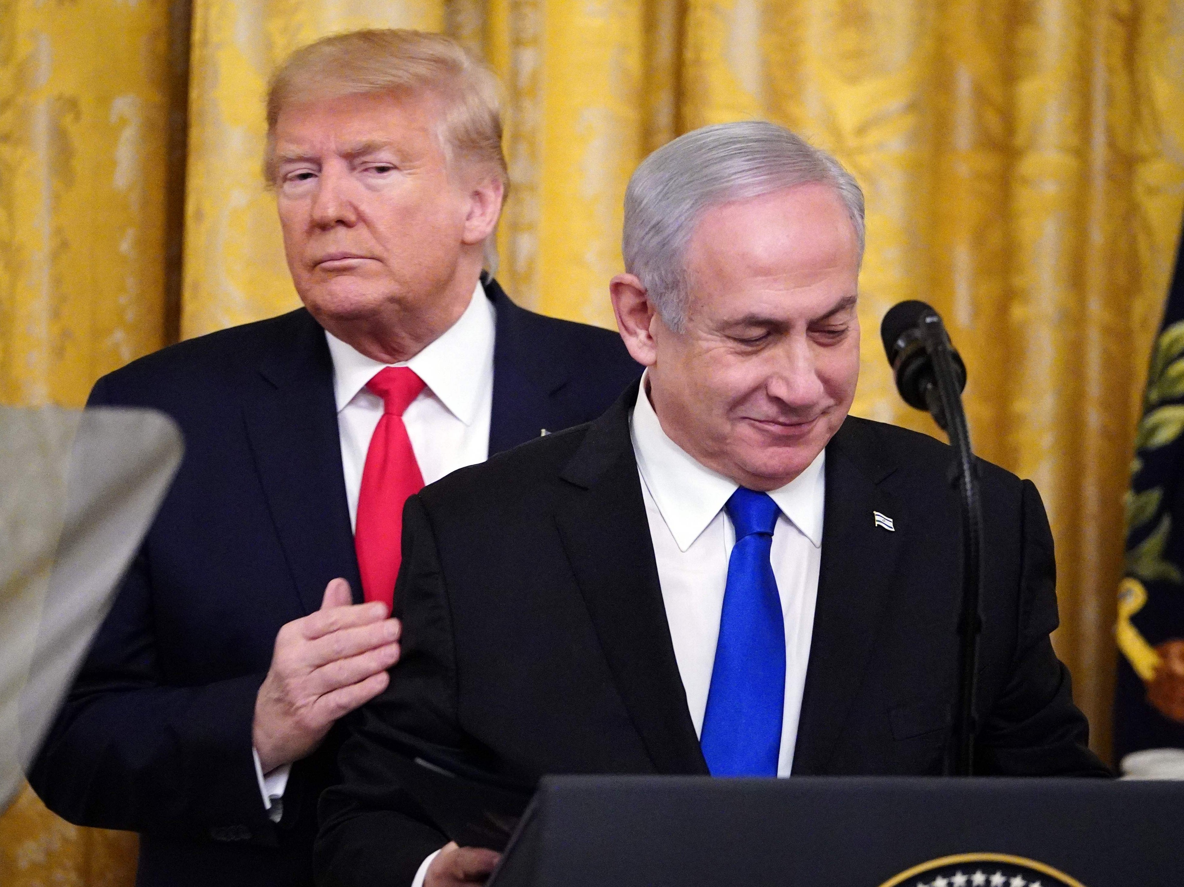Donald Trump and Benjamin Netanyahu at the announcement of the Middle East peace plan in January 2020