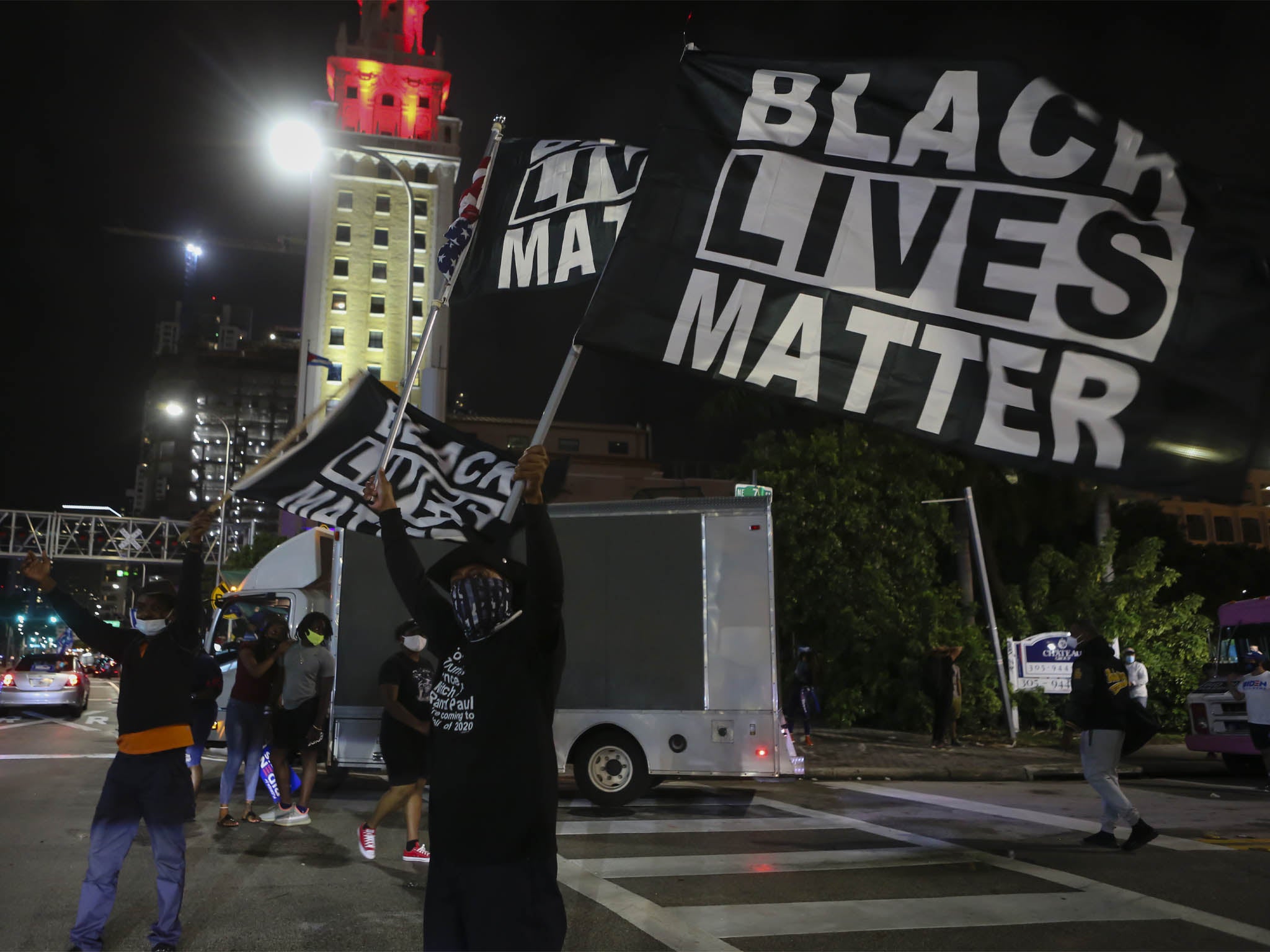 Black Lives Matter protestors celebrating Joe Biden’s win as 46th US President in Miami, Florida, 7 November
