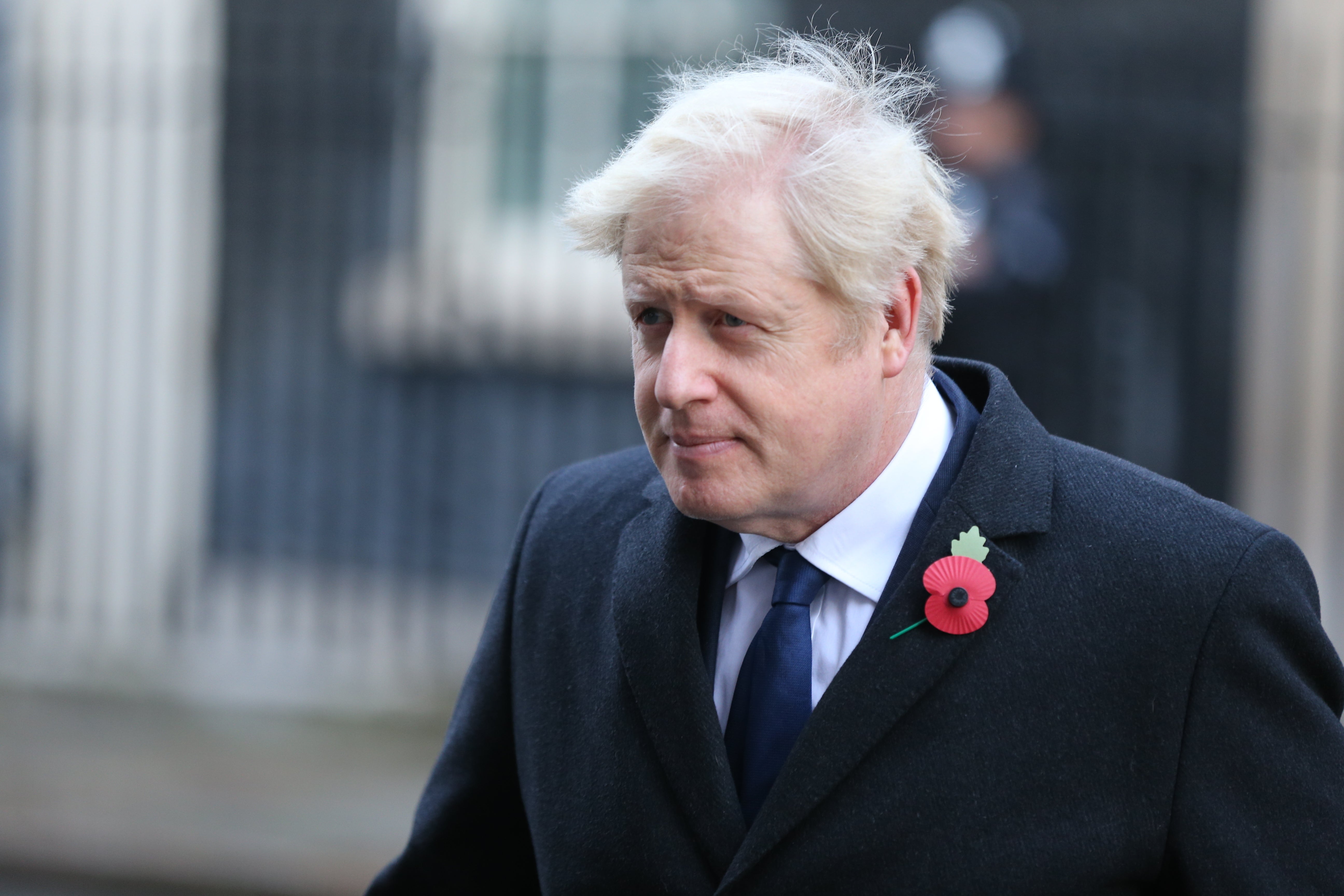 Boris Johnson leaves 10 Downing Street to attend the Remembrance Sunday ceremony in Whitehall