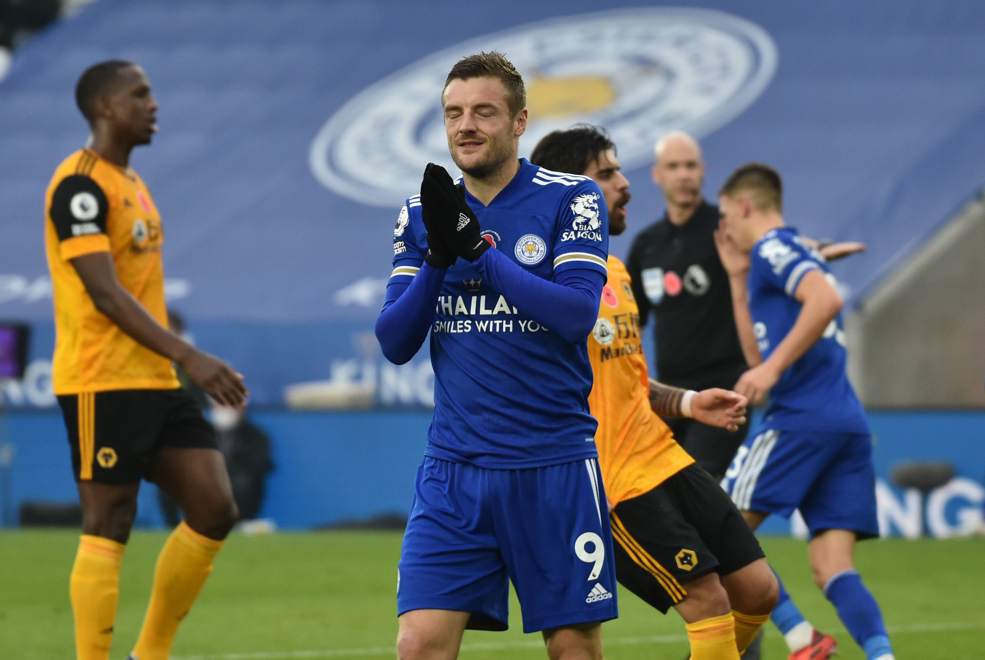 Jamie Vardy reacts during Leicester’s 1-0 defeat of Wolves on Sunday