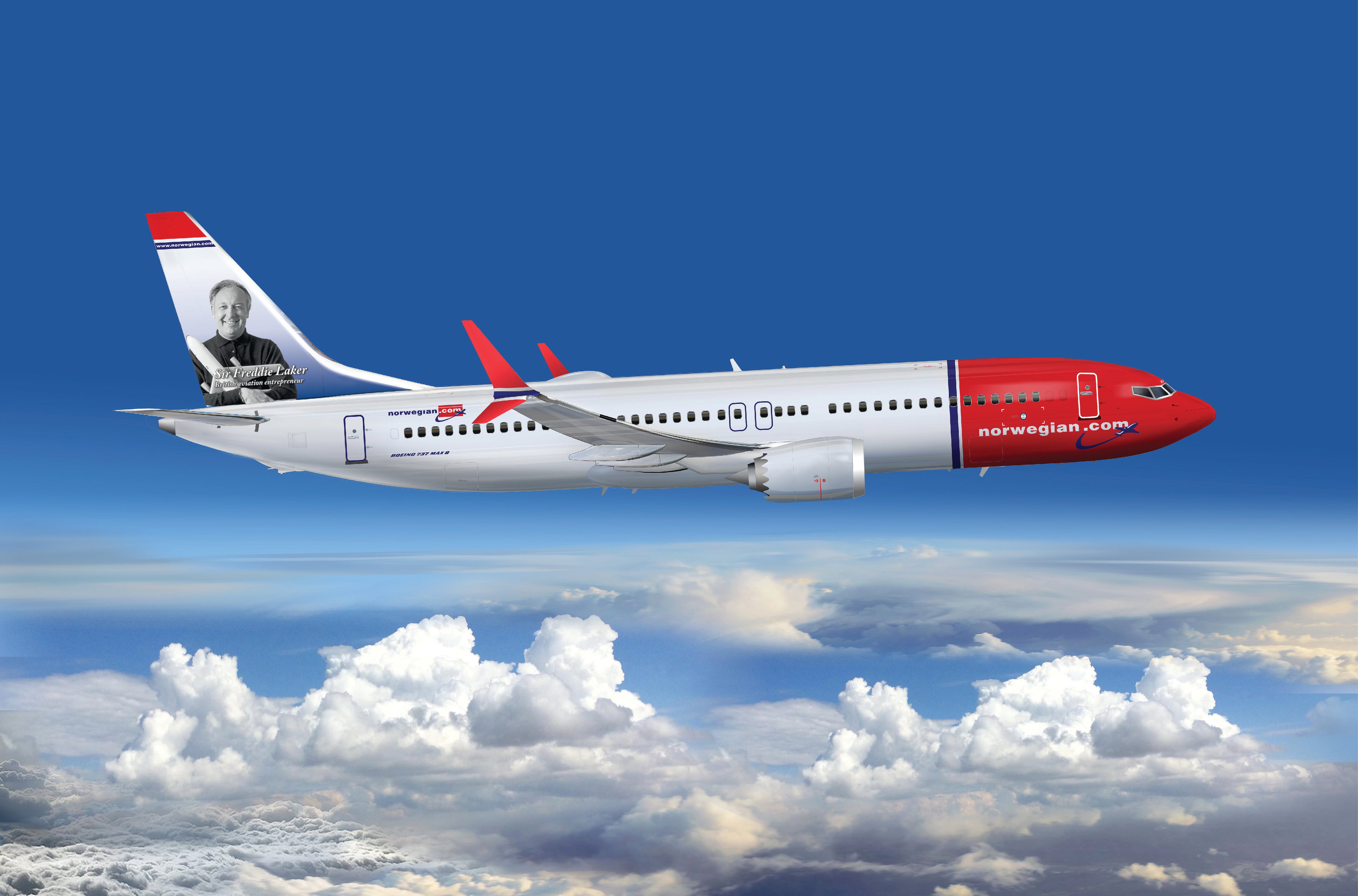 Uncertain destination: Norwegian Boeing 737 Max carrying the image of transatlantic pioneer Sir Freddie Laker