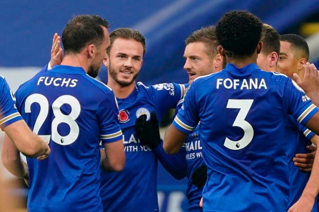 Leicester celebrate scoring against Wolves