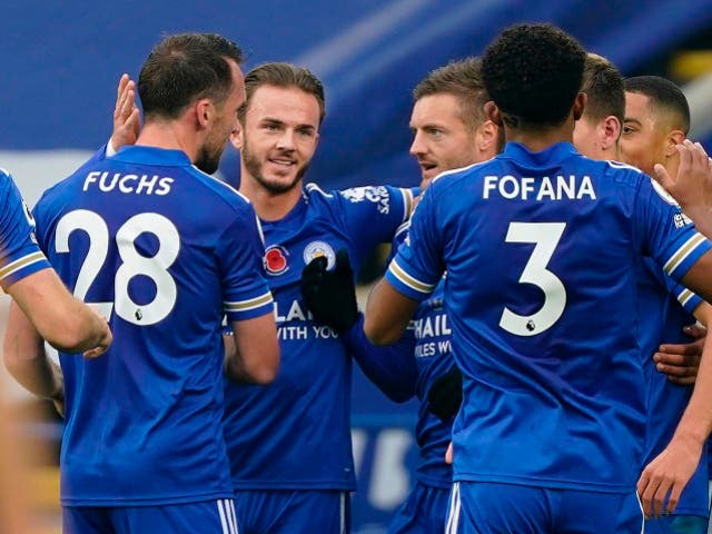 Leicester celebrate scoring against Wolves