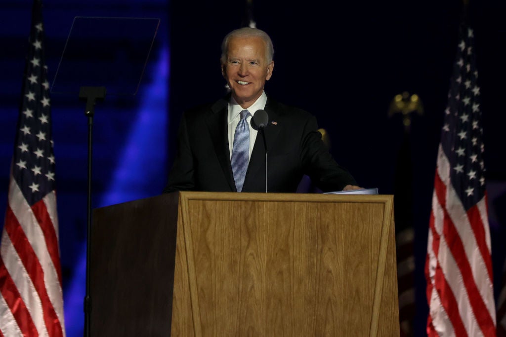 President-elect Joe Biden addresses the nation at the Chase Center on November 7