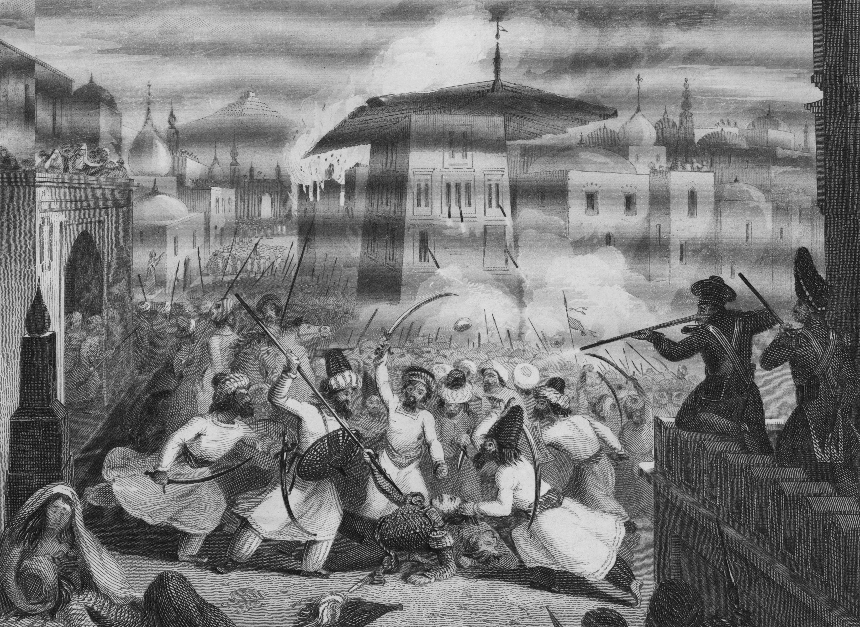 Assassination of Sir Alexander Burnes at Kabul, where the British were trying to place a puppet on the throne. The intervention resulted in most of the 16,000 men deployed being killed