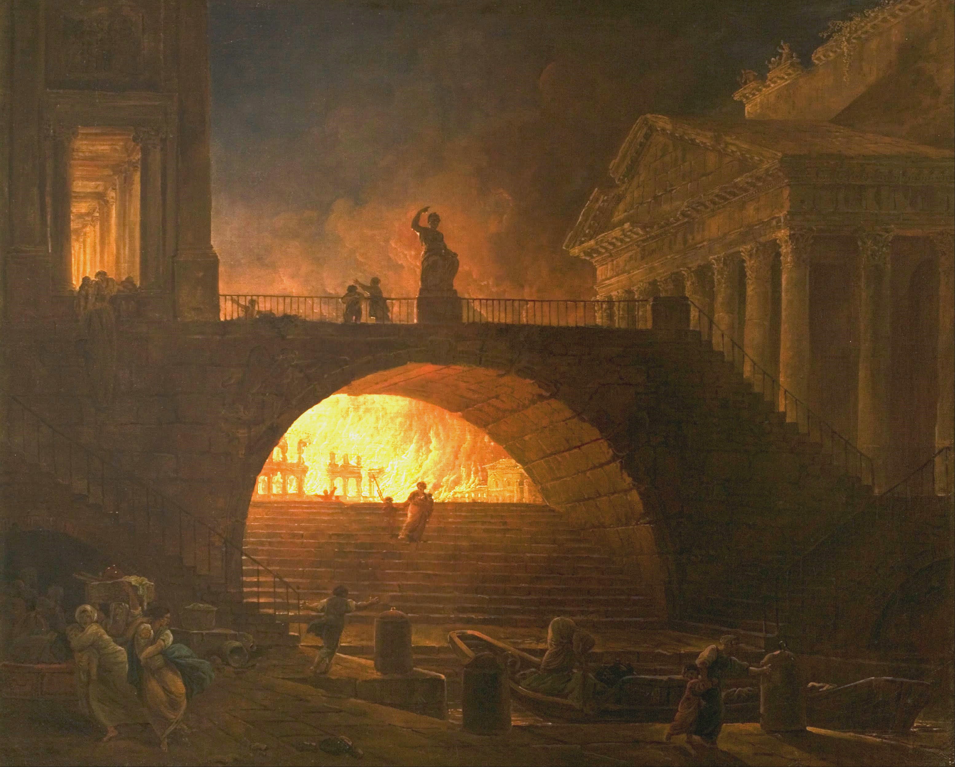 great-fire-rome-1.jpg The flames that changed the history of an empire. The Great Fire of Rome, as portrayed in an 18th-century painting by the French artist, Hubert Robert.