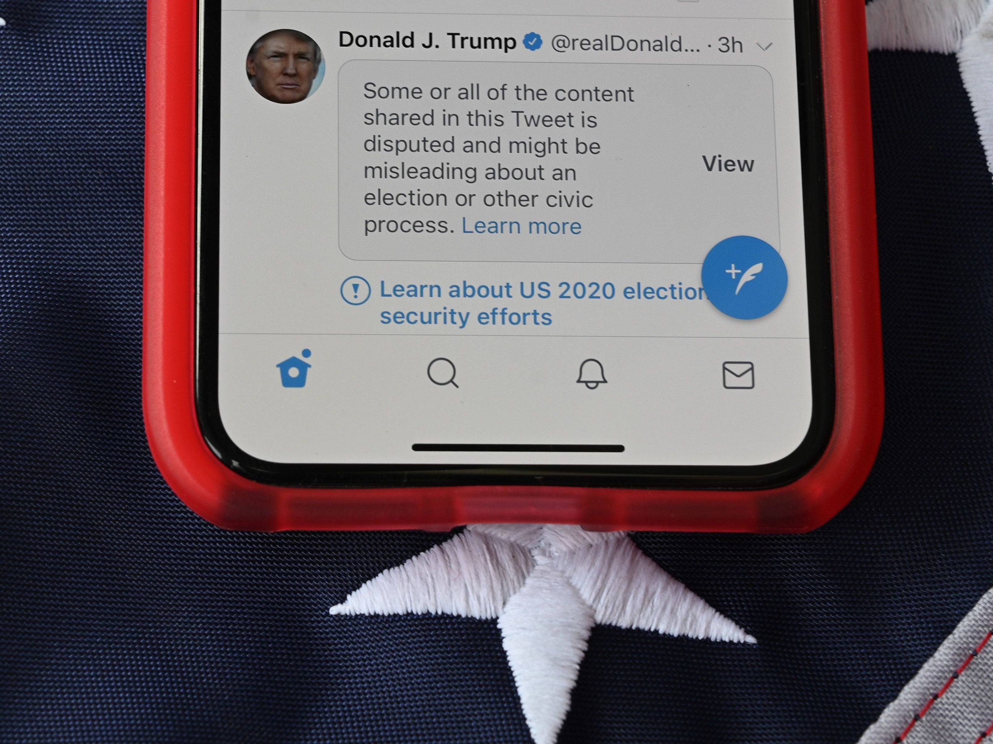 Tweets from outgoing US President Donald Trump masked with warnings imposed by Twitter stating that they may be incorrect, 5 November, 2020