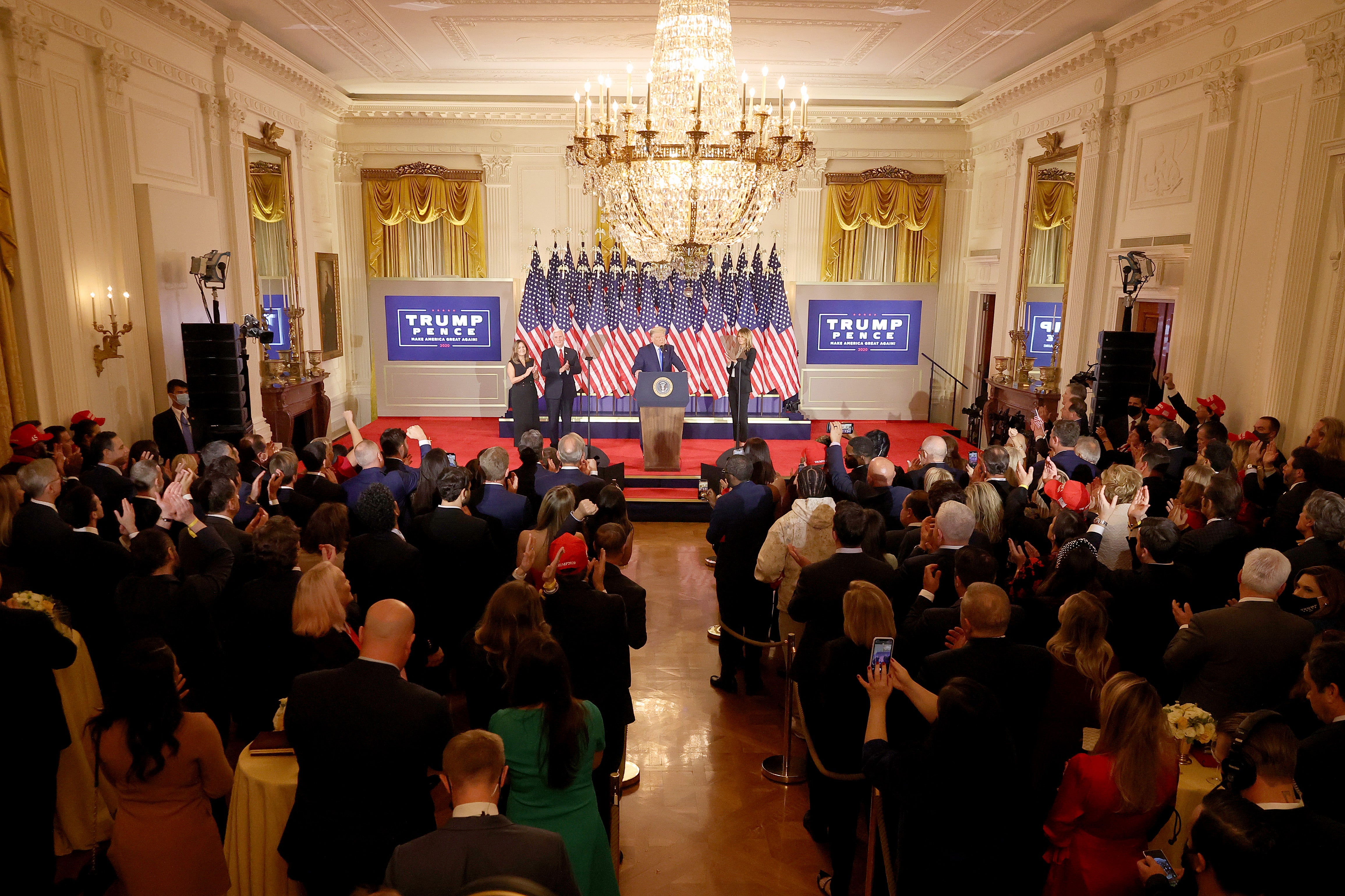 Election night in the East Room of the White House, now thought to be a superspreader event at which many senior members of the administration were present