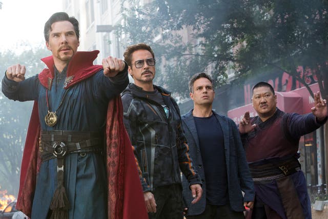 L to R: Doctor Strange/Stephen Strange (Benedict Cumberbatch), Iron Man/Tony Stark (Robert Downey Jr.), Bruce Banner/Hulk (Mark Ruffalo) and Wong (Benedict Wong)