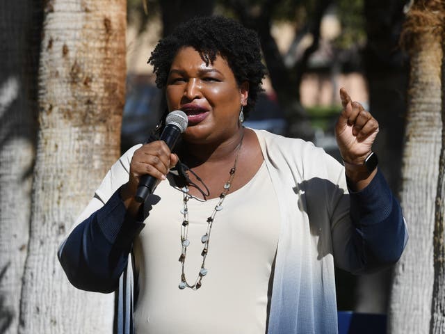 Stacey Abrams speaks at a Democratic canvass kickoff as she campaigns for Joe Biden and Kamala Harris on 24 October 2020 in Las Vegas, Nevada