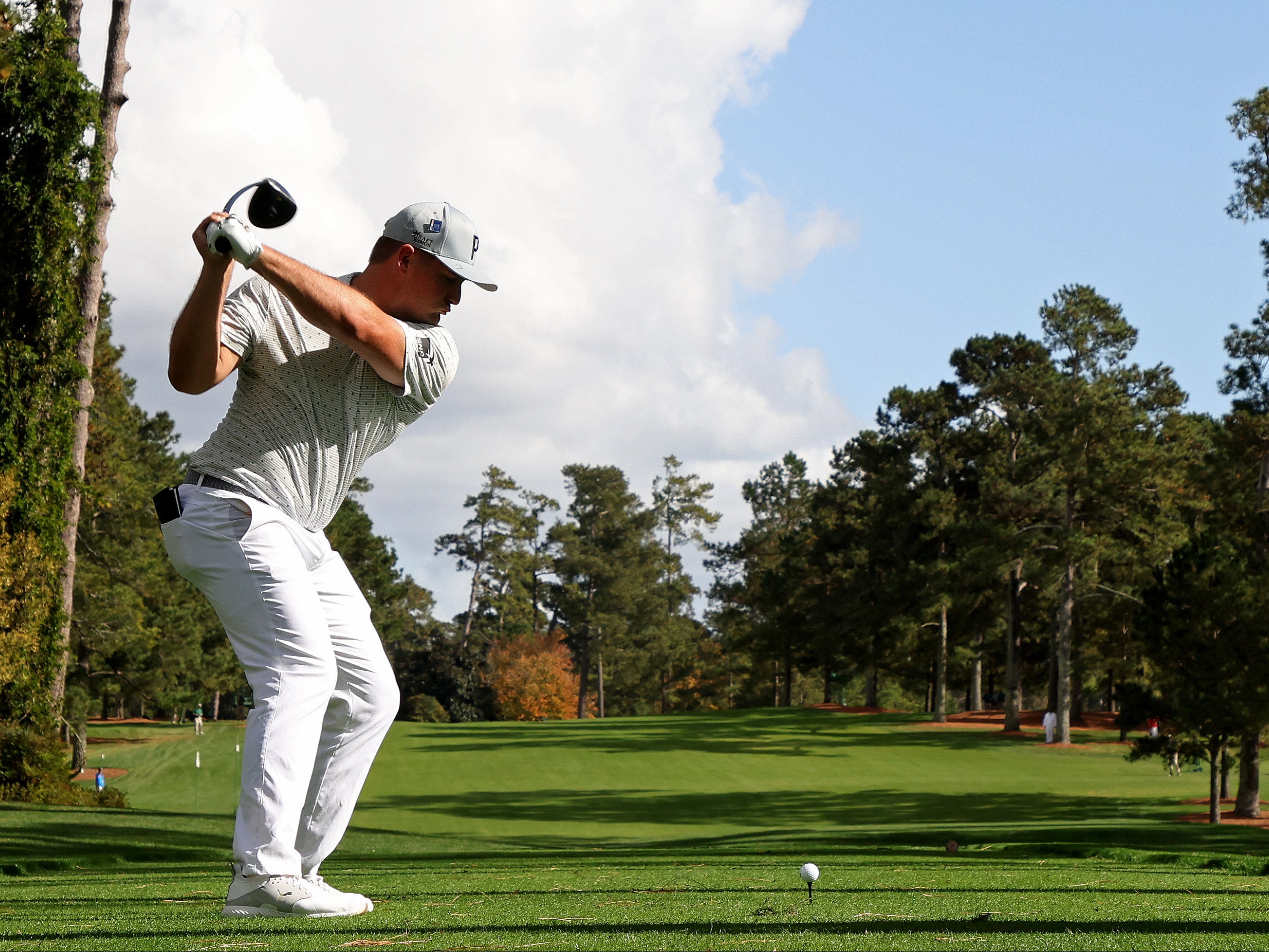 Bryson DeChambeau drives from the 17th tee during a practice round prior to the Masters
