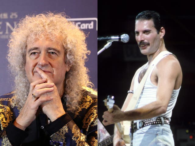 Brian May (left) in 2020 and Freddie Mercury performing at Live Aid in 1985 (right)
