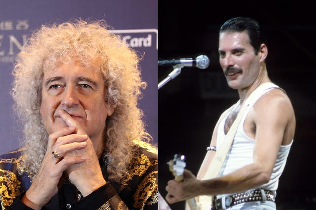 Brian May (left) in 2020 and Freddie Mercury performing at Live Aid in 1985 (right)