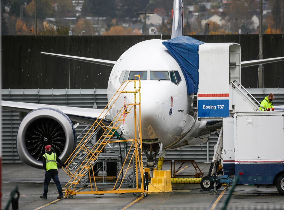 <p>Workers are pictured near a Boeing 737 MAX airliner at Renton Airport adjacent to the Boeing Renton Factory in Renton, Washington on November 10, 2020. </p>
