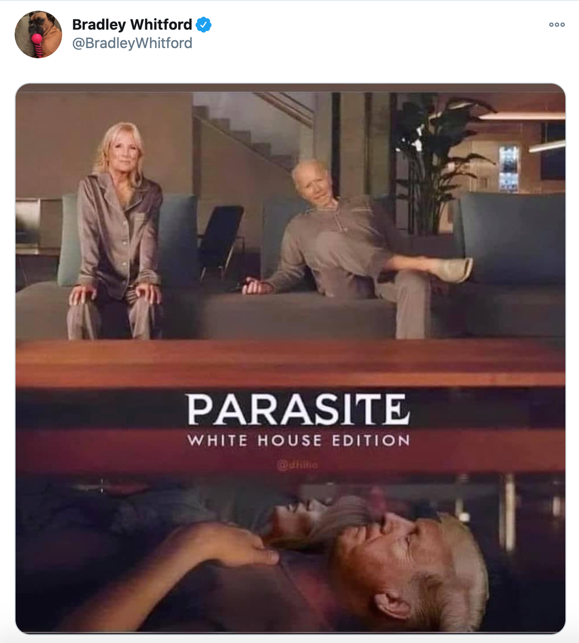Bradley Whitford’s ‘Parasite’ meme, with the superimposed faces of the Bidens and the Trumps