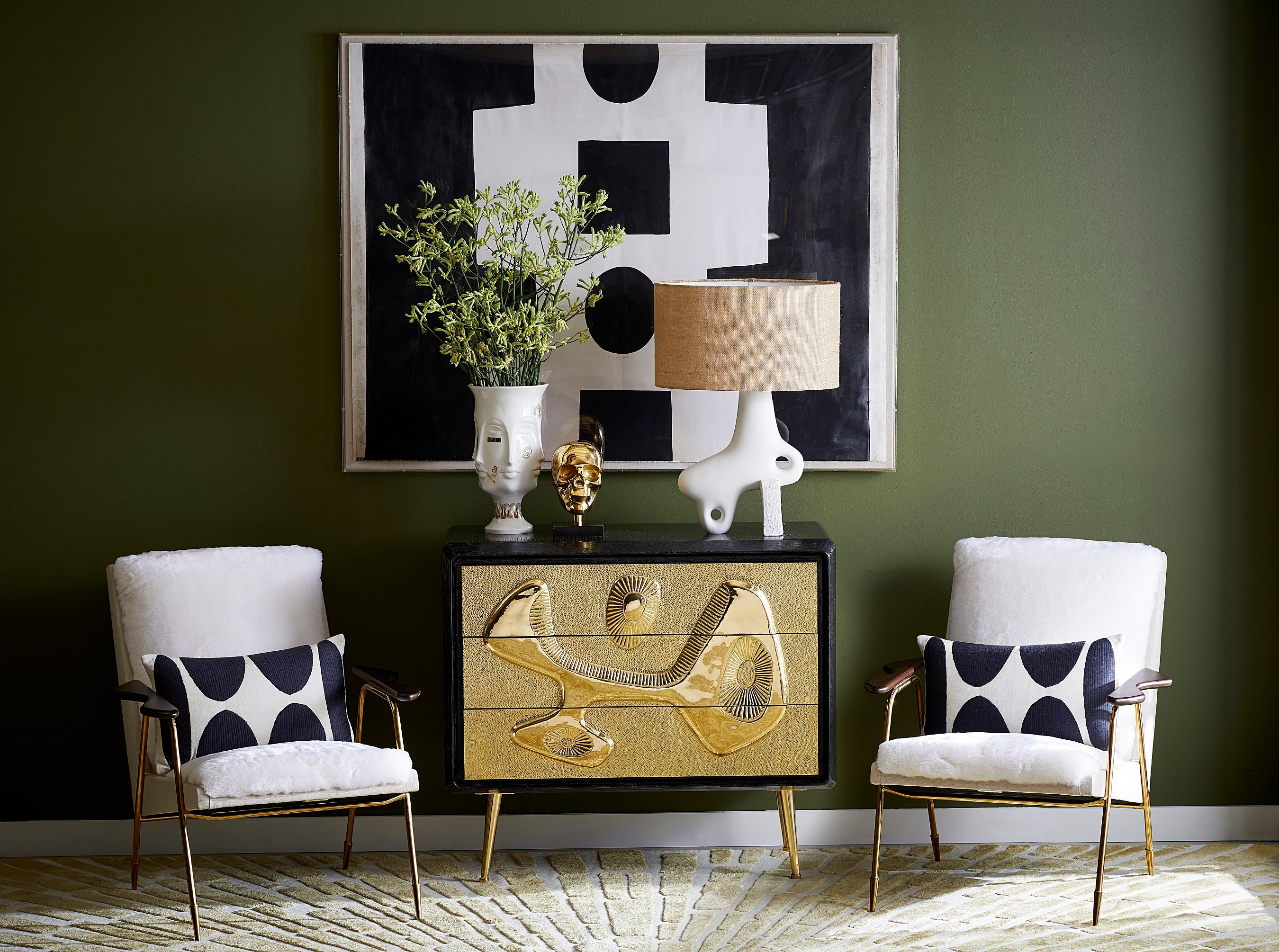 Living room - Reform three drawer dresser, Paradox table lamp, Gilded Dora Maar urn, Ingmar chairs, shearling