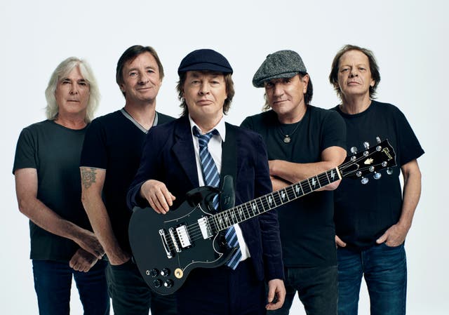 <p>‘It’s not just a band, it’s family’ – (from left) Cliff Williams, Phil Rudd, Angus Young, Brian Johnson and Stevie Young</p>