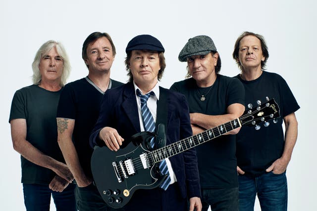 <p>‘It’s not just a band, it’s family’ – (from left) Cliff Williams, Phil Rudd, Angus Young, Brian Johnson and Stevie Young</p>