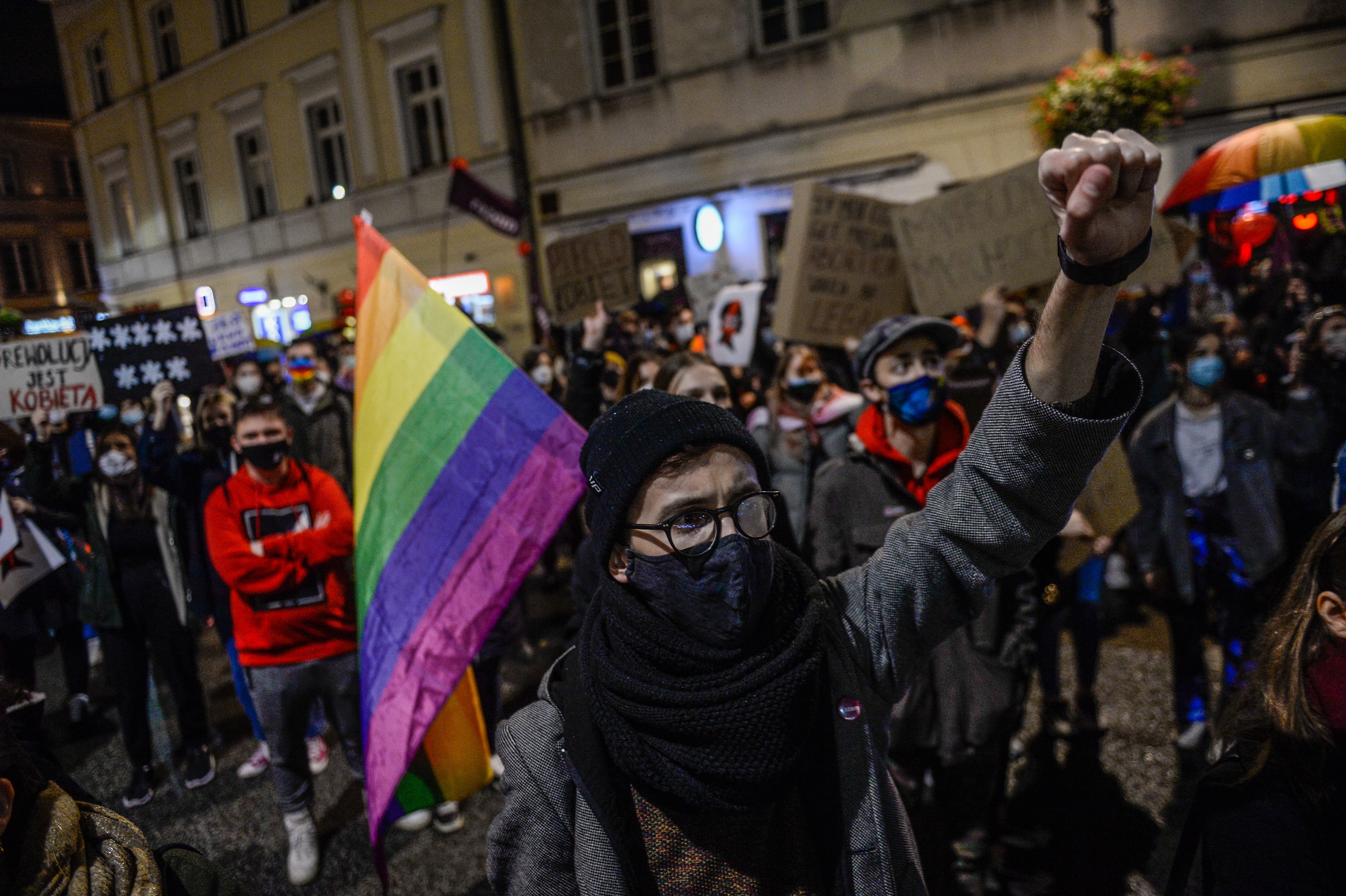 Protesters march in Warsaw, Poland, against the tightening of abortion laws on 29 October, 2020.