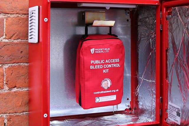 The bleed control cabinet is accessible 24 hours a day by a code provided by emergency services, and contains haemostatic dressings, gloves, a tourniquet and a chest seal