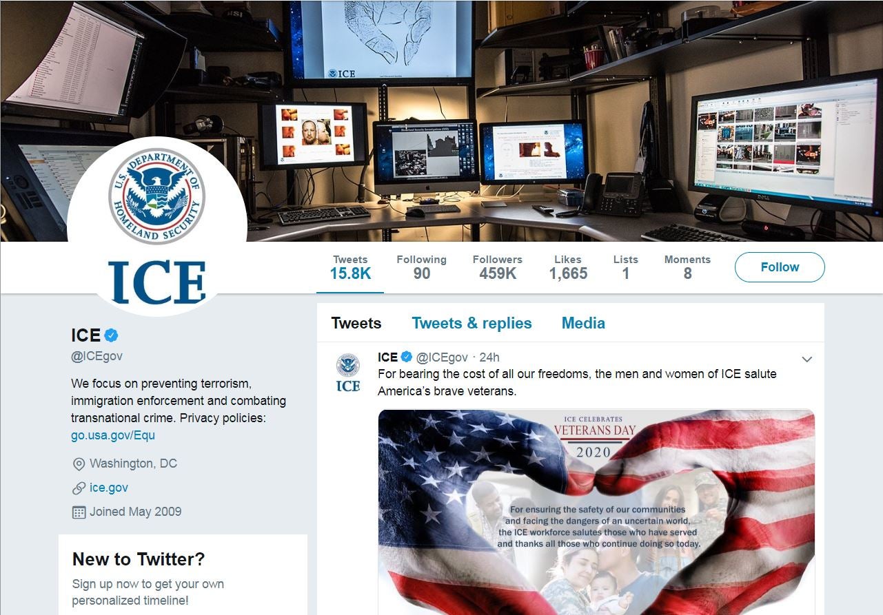 A screenshot of ICE’s Twitter page, before it vanished