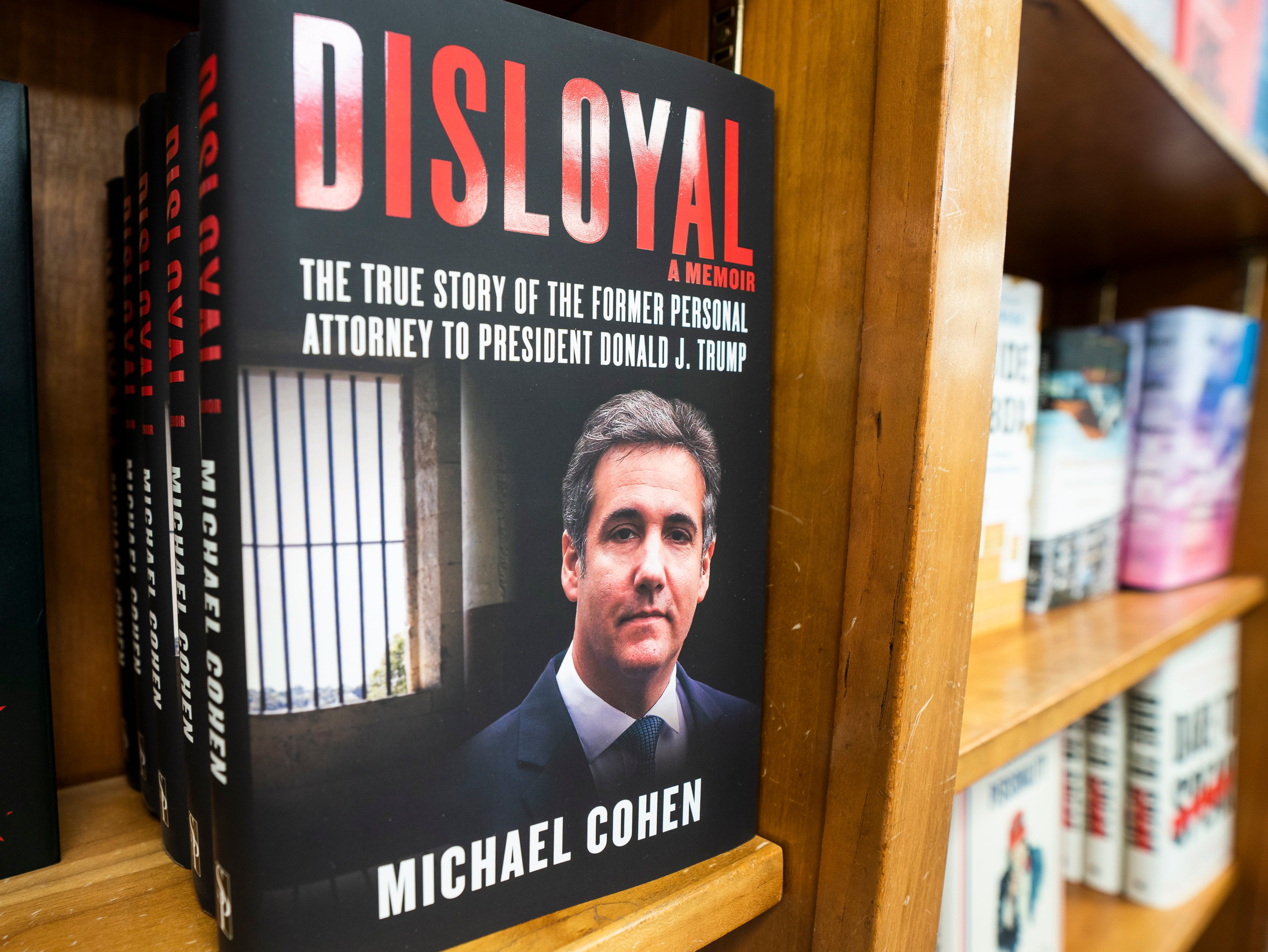 Copies of Michael Cohen’s book ‘Disloyal, a Memoir: The True Story of the Former personal attorney to President Donald Trump’ at the independent bookstore Politics and Prose in Washington, DC, on 10 September 2020