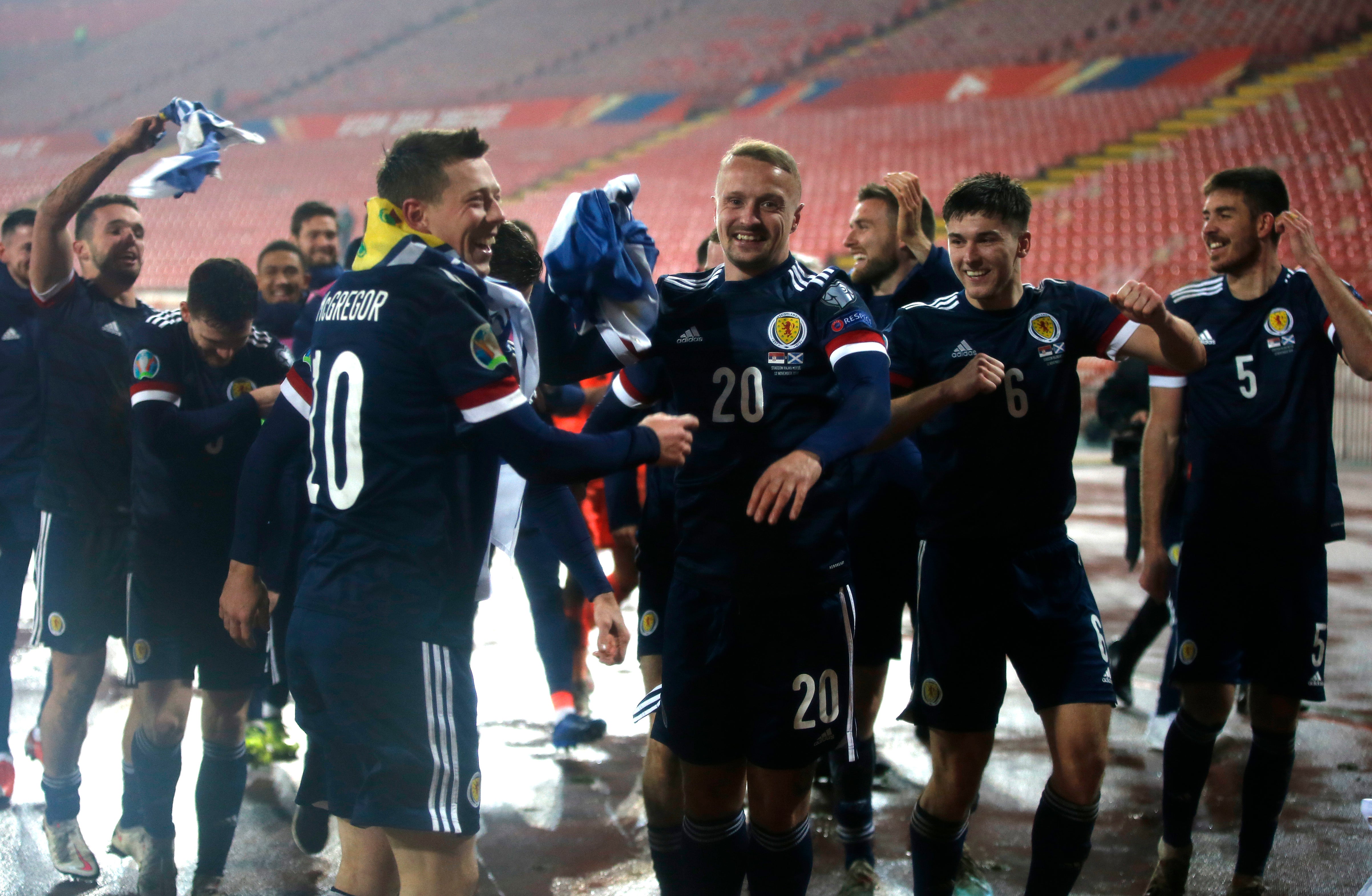 Scotland players celebrate their historic win in Belgrade