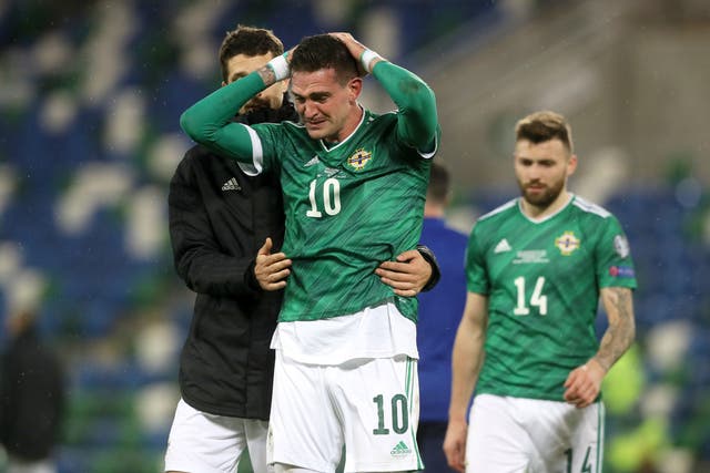 <p>Northern Ireland’s Kyle Lafferty reacts in defeat</p>