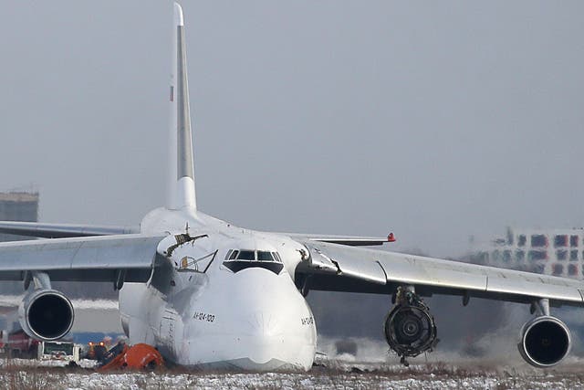 An Antonov An-124 heavy transport aircraft owned by Volga-Dnepr Airlines skidded off the runway during an emergency landing at Novosibirsk Tolmachevo Airport 