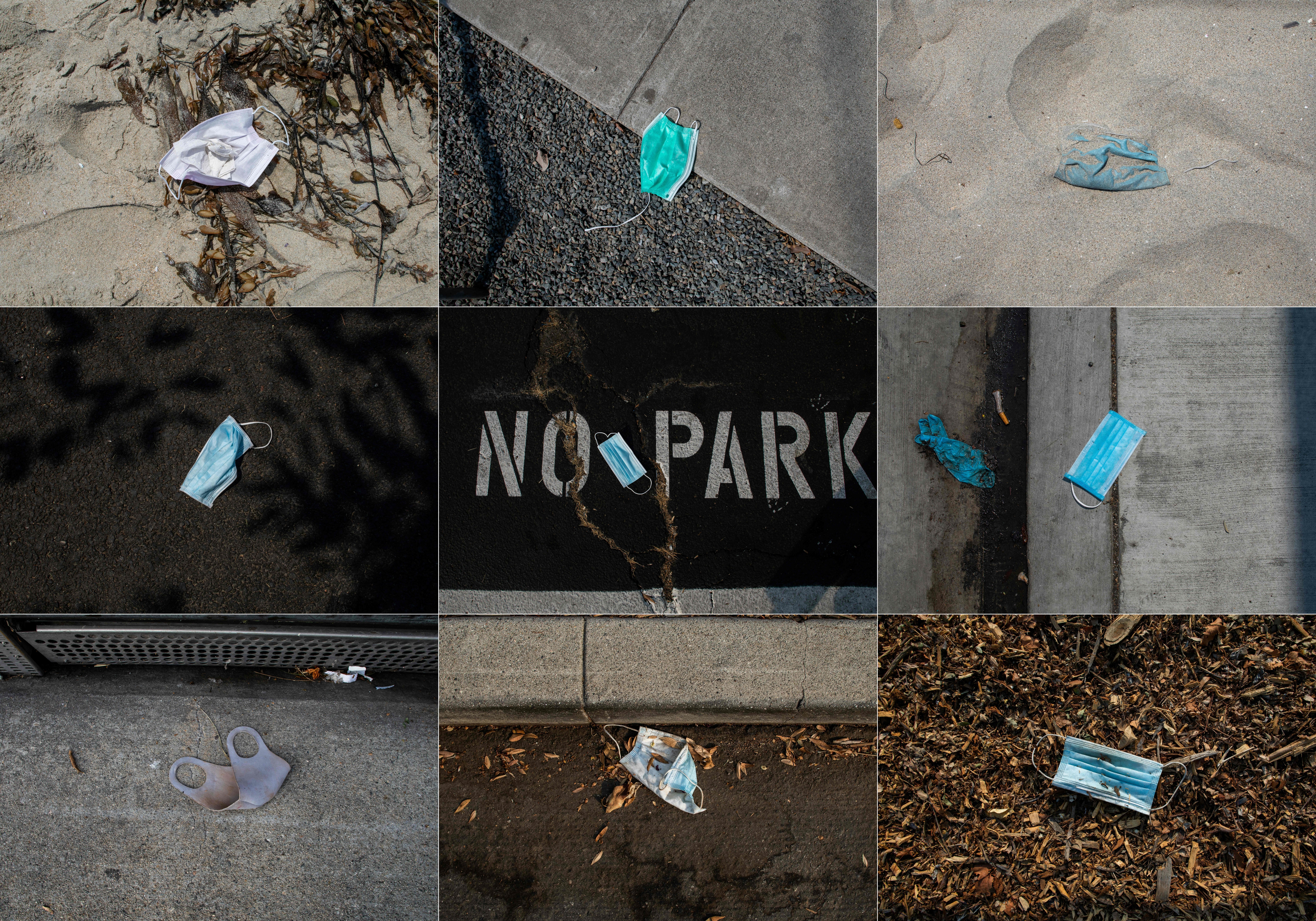 A collection of photographs showing discarded single-use masks in California