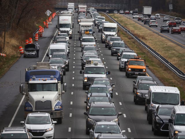 <p> Heavy traffic moves slowly on I-495 (Capital Beltway) the day before Thanksgiving 27 November, 2019 in Bethesda, Maryland</p>