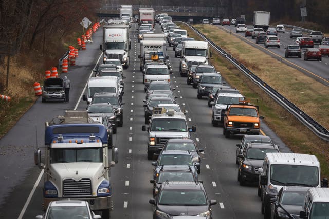 <p> Heavy traffic moves slowly on I-495 (Capital Beltway) the day before Thanksgiving 27 November, 2019 in Bethesda, Maryland</p>