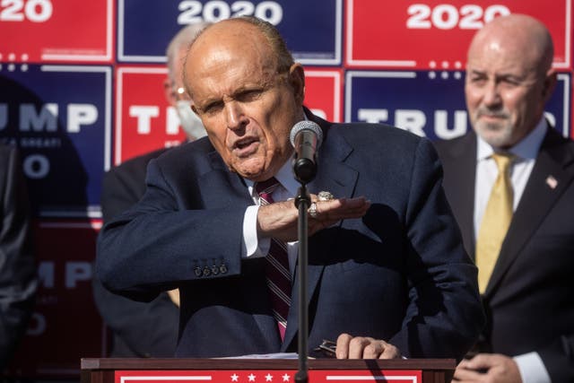 <p>Rudy Giuliani, who is leading the Trump campaign’s lawsuits, during a press conference in Philadelphia on 7 November&nbsp;</p>