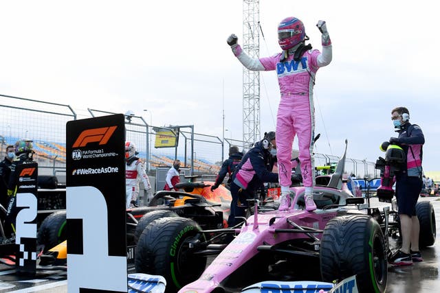 Lance Stroll celebrates his maiden pole position in F1 for the Turkish Grand Prix