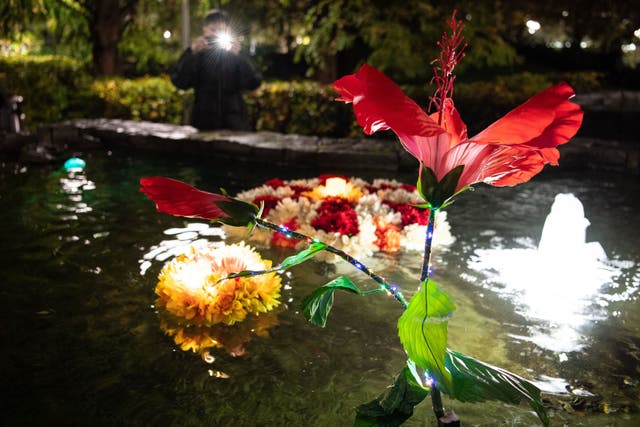 <p>Floating flower display in London's Canary Wharf to mark Diwali</p>