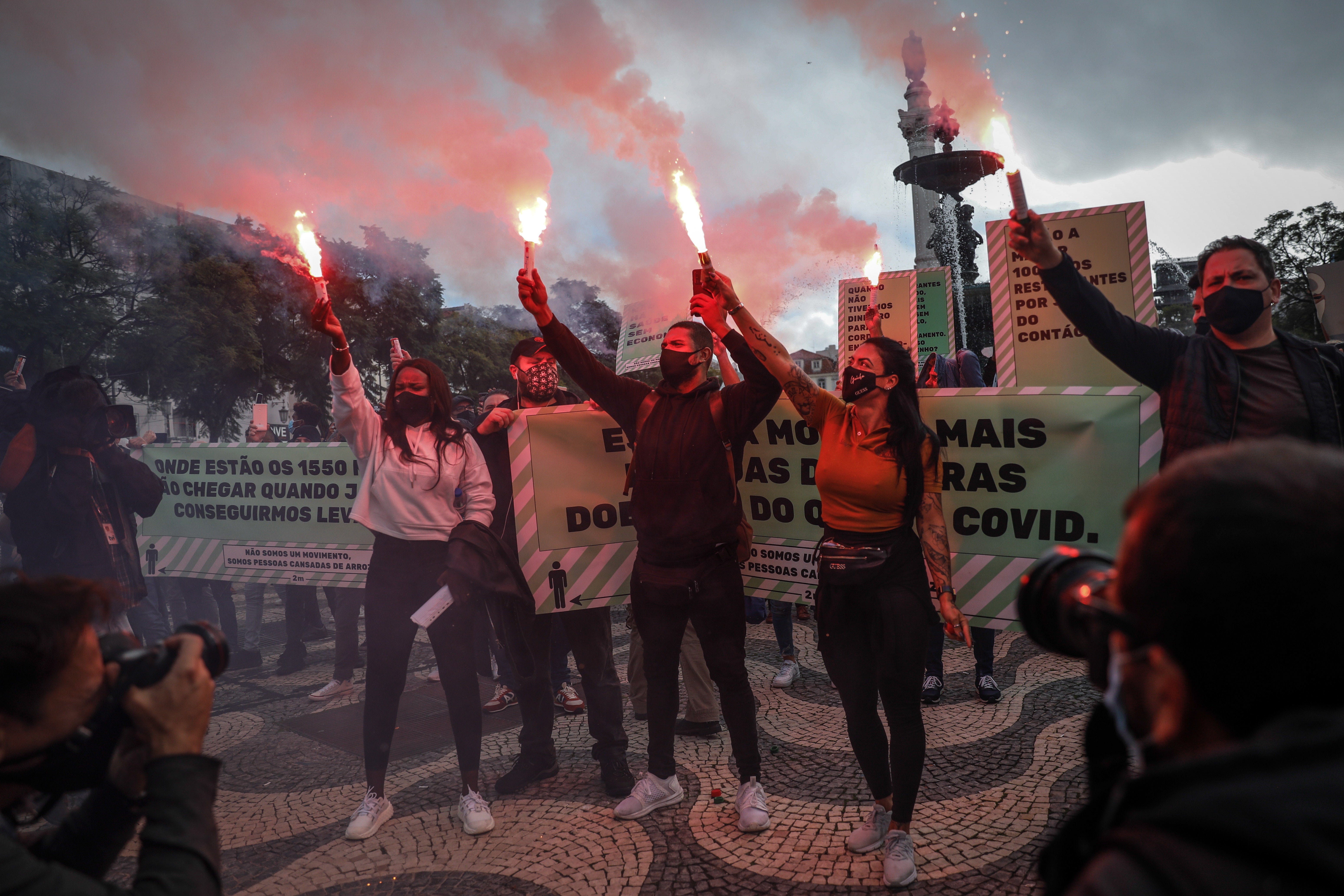 Hospitality workers during a protest demanding support during the coronavirus crisis in Lisbon