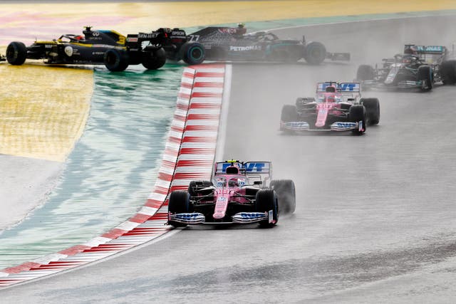 Esteban Ocon and Valtteri Bottas spin at the start of the Turkish Grand Prix