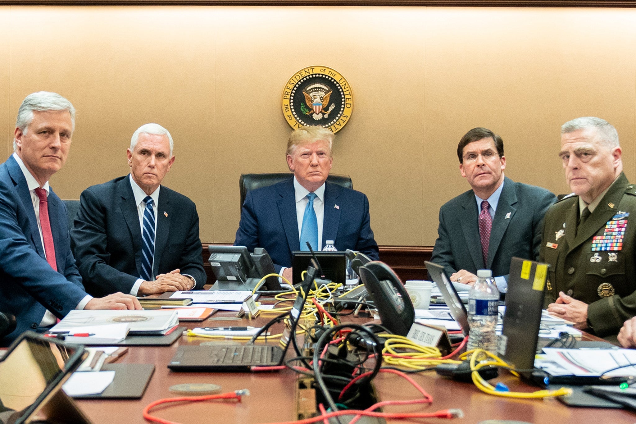 Donald Trump with Mike Pence, Robert O’Brien, Mark Esper, who was fired this week, and Mark Milley