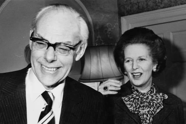<p>Margaret Thatcher and her husband Denis celebrating her 10 years as Conservative Party leader at 10 Downing Street, February 1985</p>