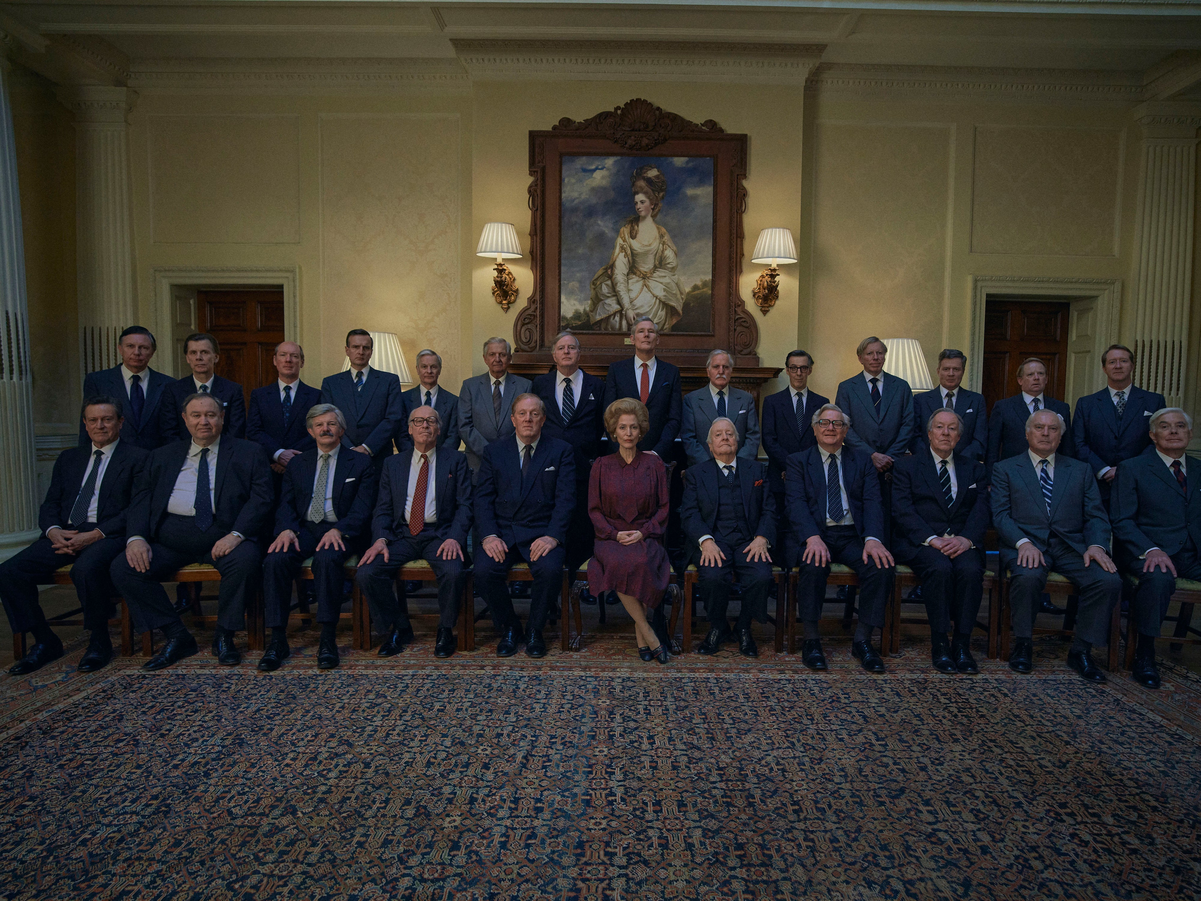 Thatcher and her cabinet at Downing Street, filmed at Hedsor House