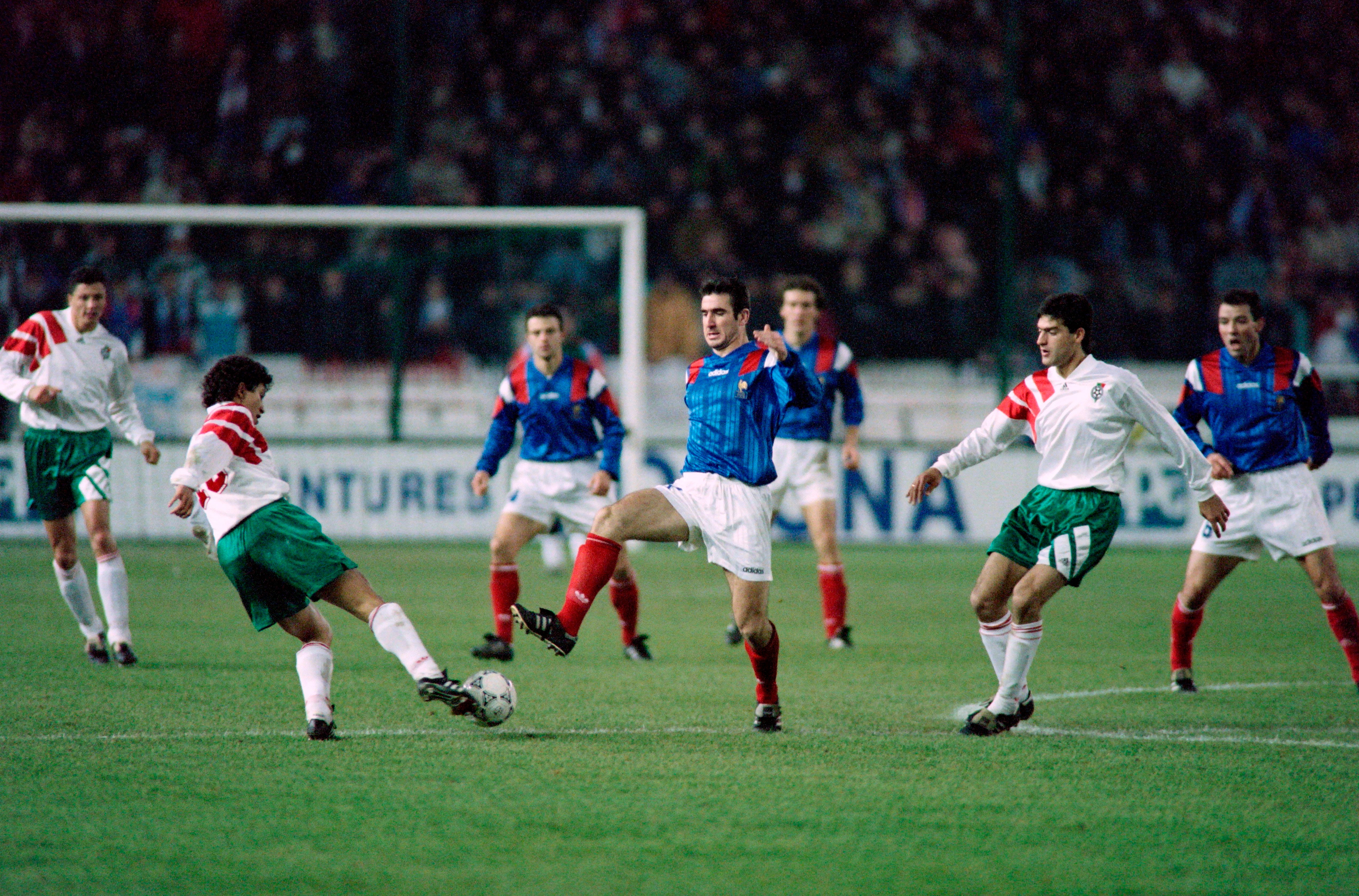 Eric Cantona in action against Bulgaria