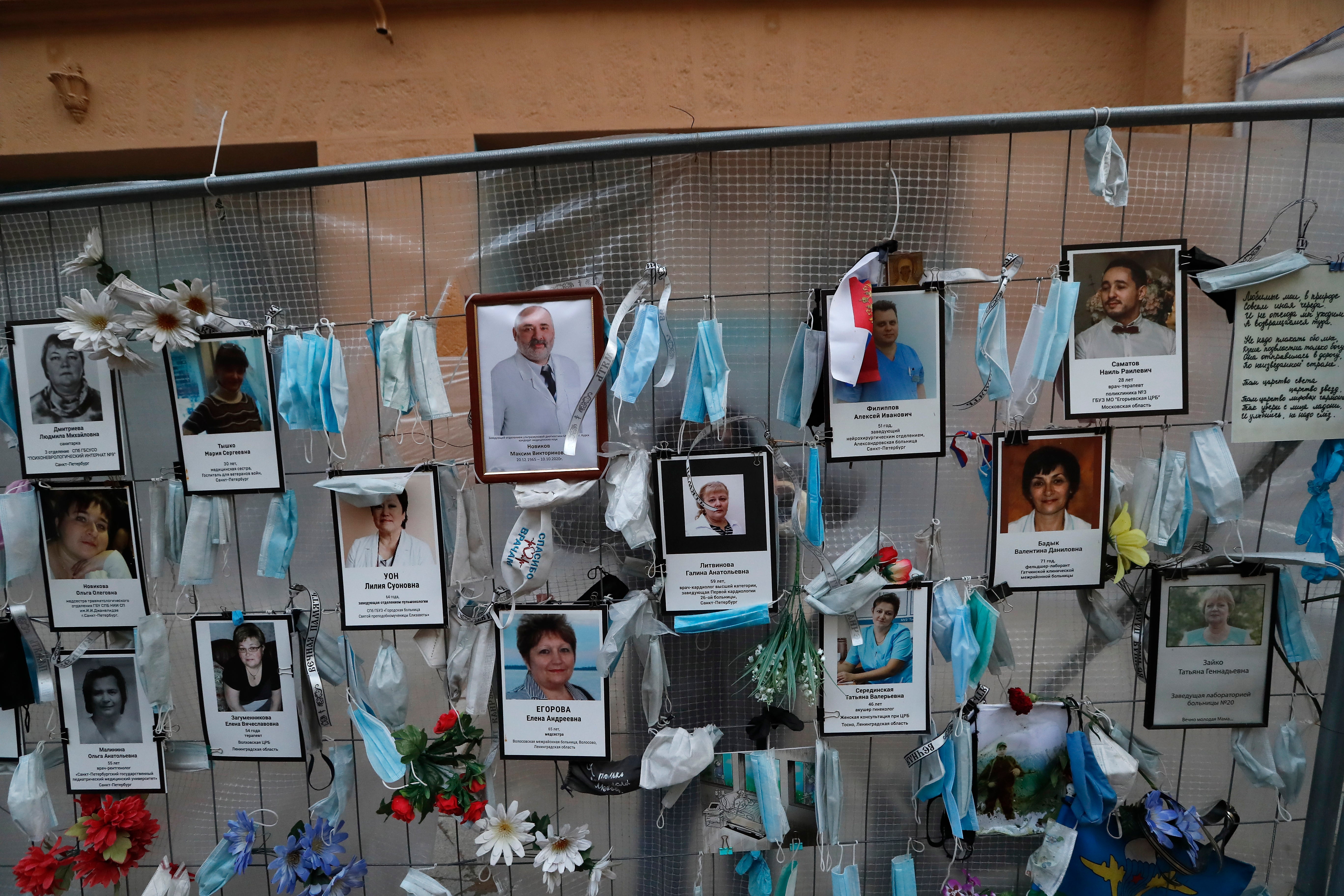 Makeshift memorial to medical workers that have died from Covid, in St Petersburg