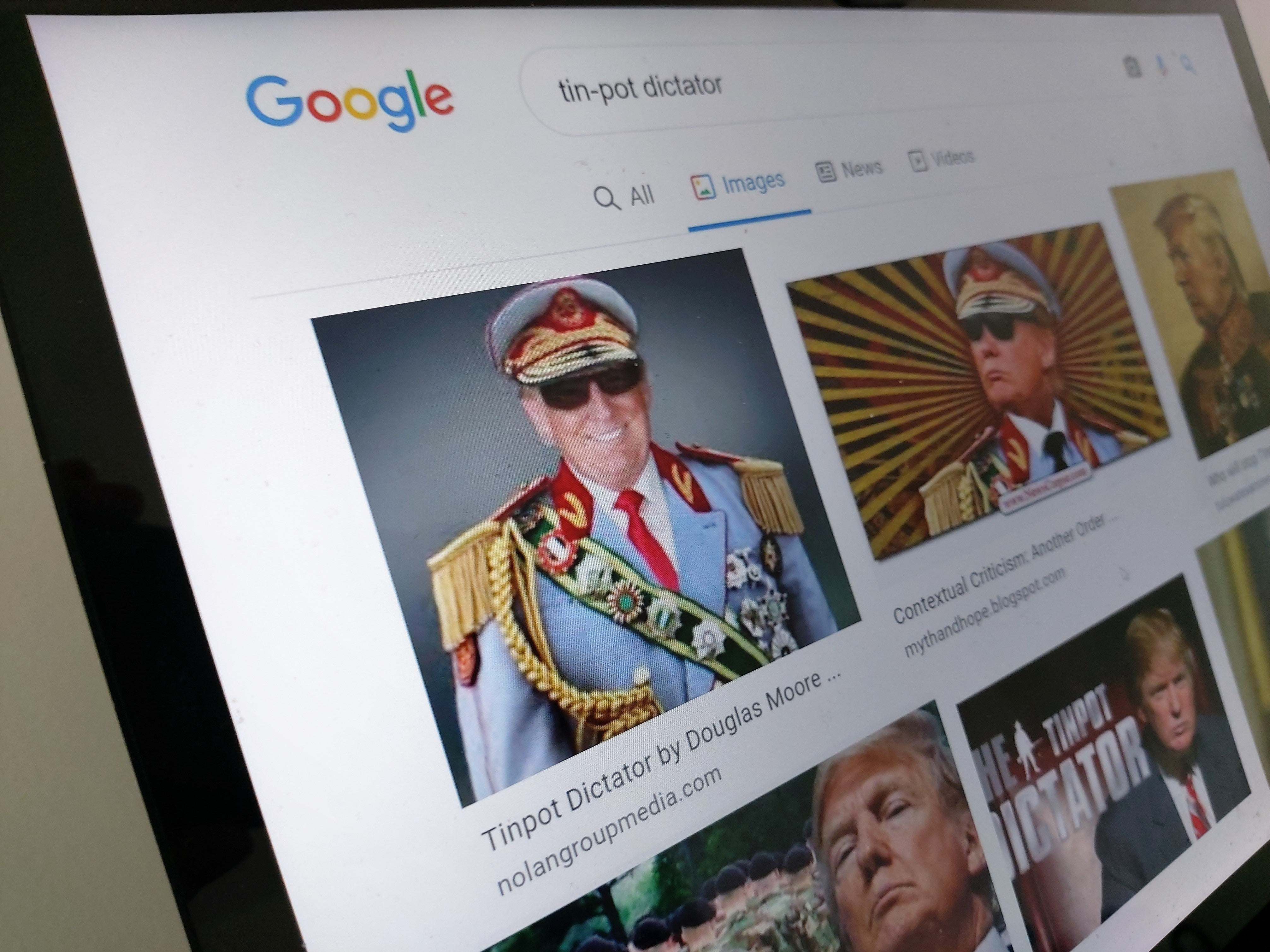 A photoshopped image of Donald Trump ranks as the top result when searching ‘tin-pot dictator’ on Google images