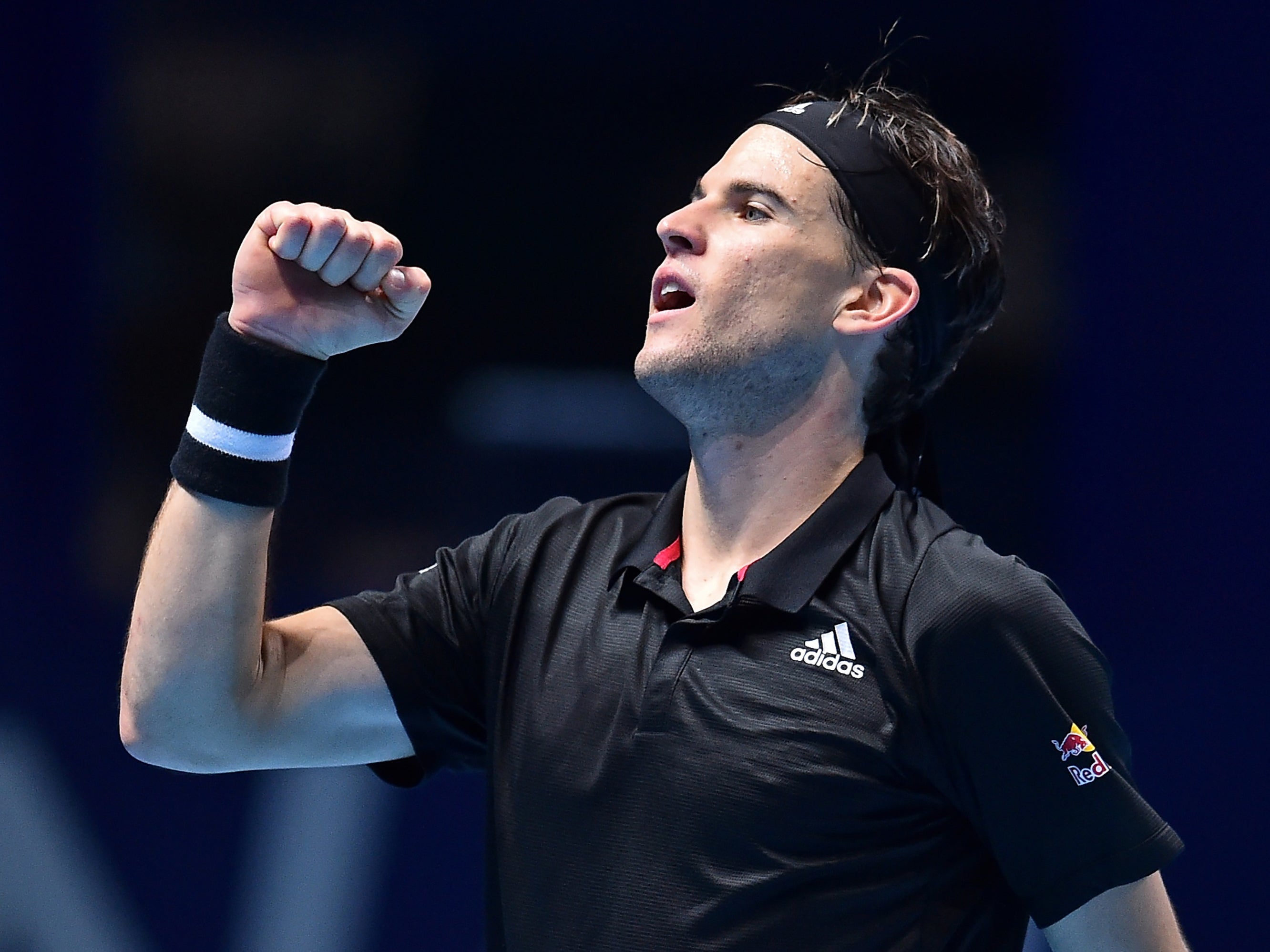 Dominic Thiem celebrates defeating Rafael Nadal