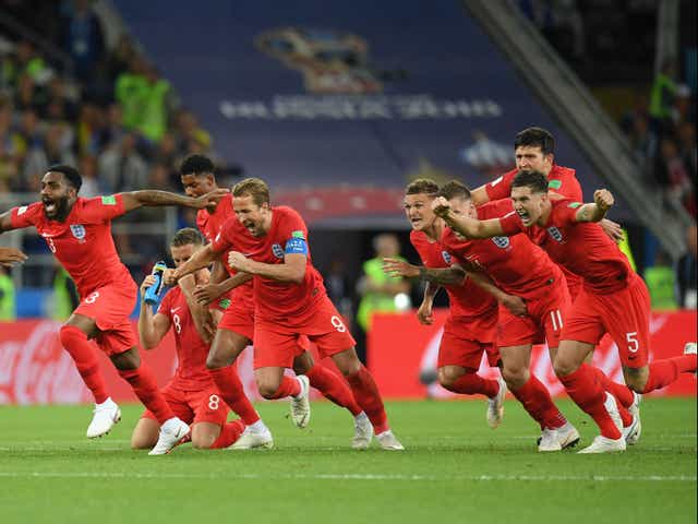 England celebrate beating Colombia on penalties