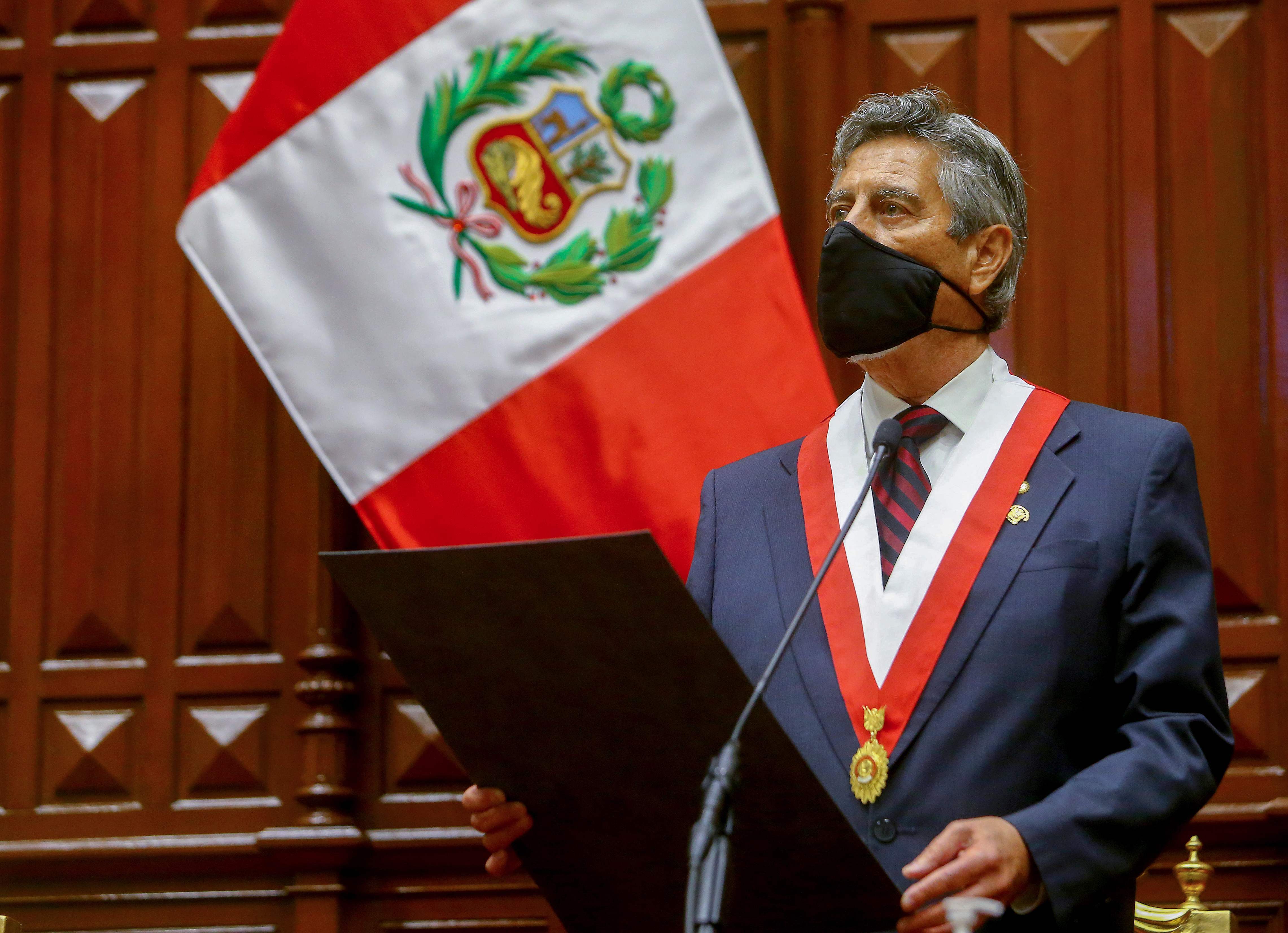 Peruvian interim president Francisco Sagasti is sworn into office in Lima on 17 November
