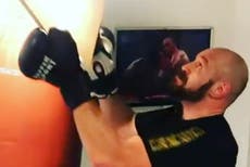 Fury smashes heavy bag until ceiling collapses