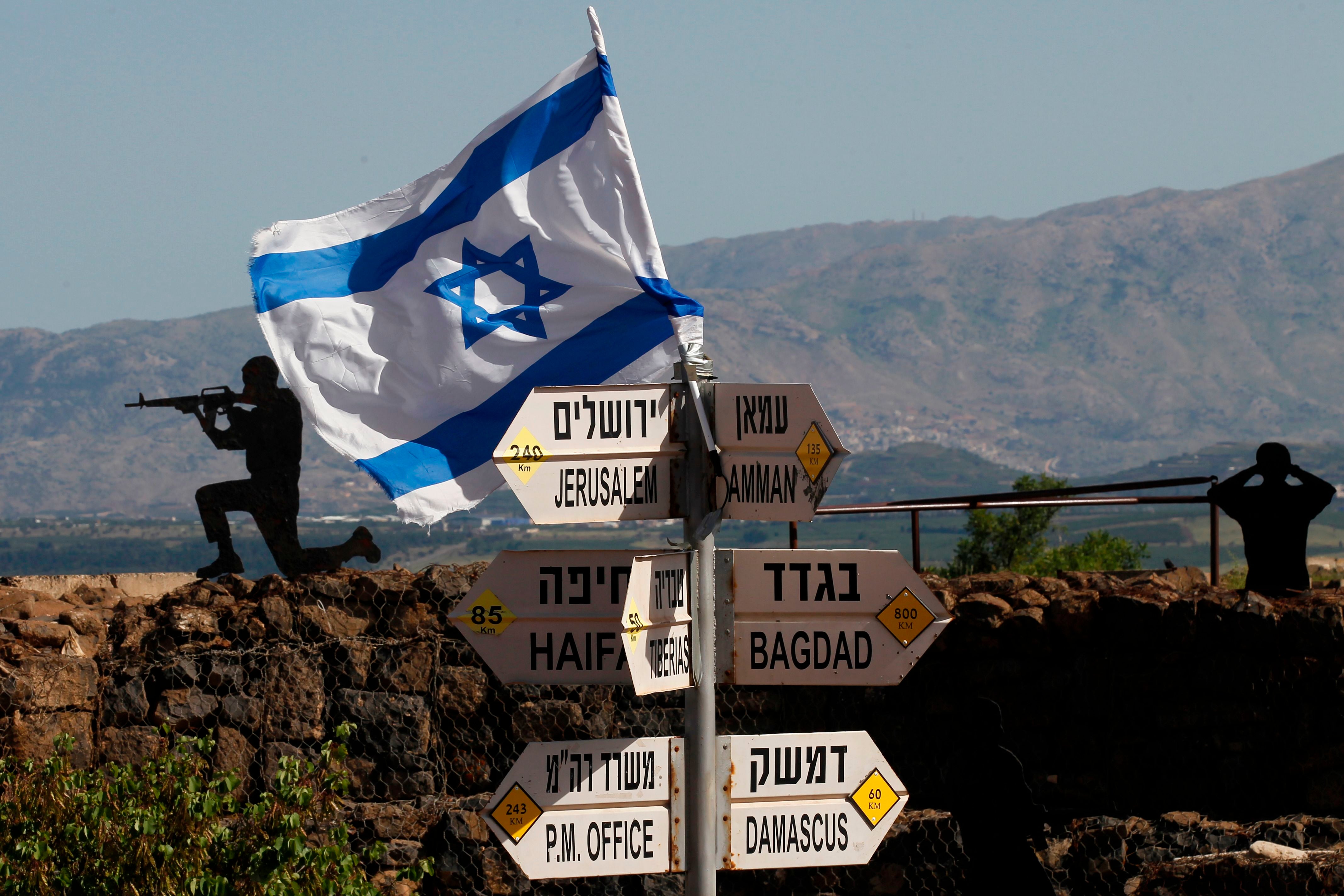 An Israeli flag is seen placed on Mount Bental in the Israeli-annexed Golan Heights
