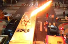 Man blasts flamethrower on top of busy public bus in New York